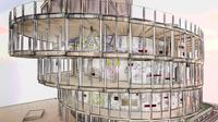 A view of the exhibition through the glass façade of the Czech National Pavilion, ©Office of the Commissioner General, Rony Plesl